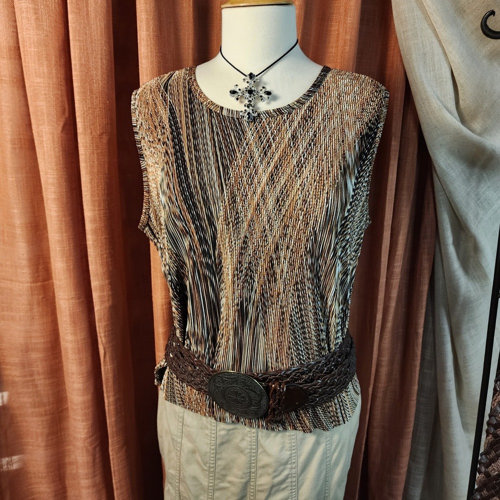 Plisse Sleeveless Micro Pleated Top XL Brown Gold Abstract Stripe Vintage Style